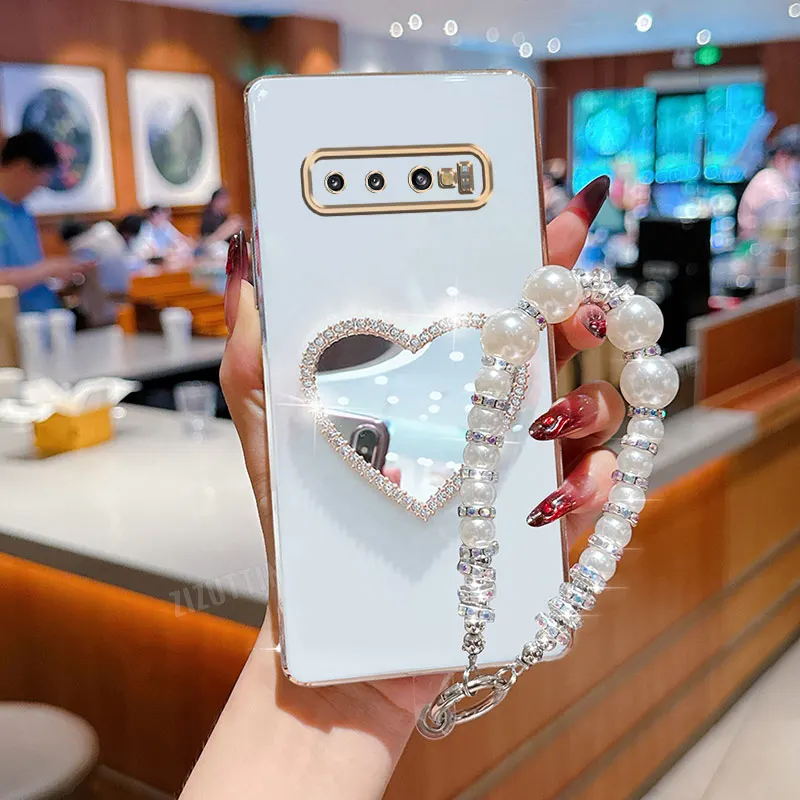 Luxury Jewelry Strap Love MirrorPlating Phone Holder Case For Samsung Galaxy S10 Plus S9 S8 Plus + Back Stand Girl Used Cover