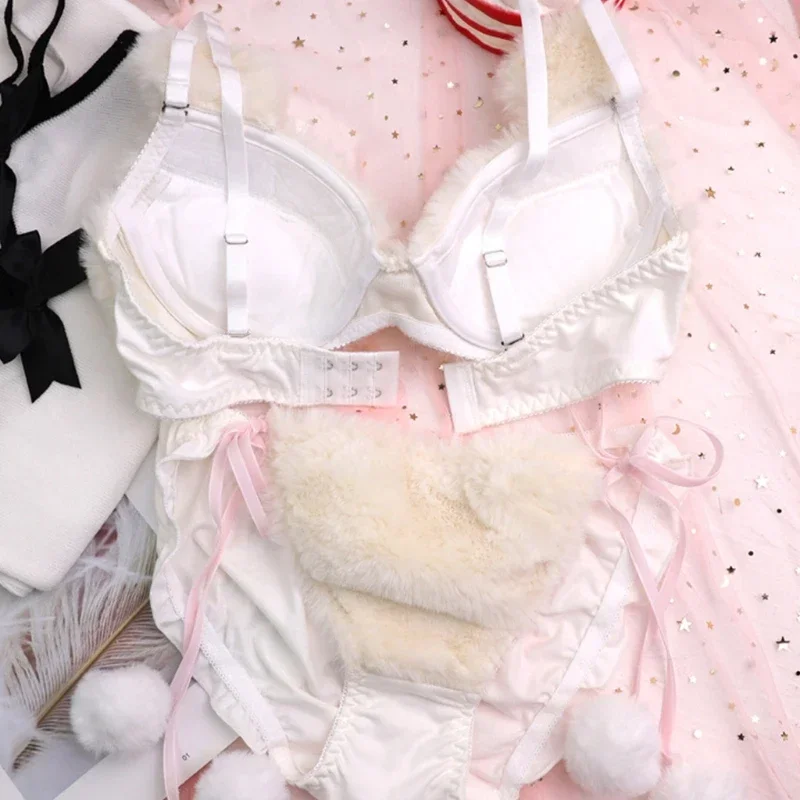 Womens Lolita Kawaii 2pcs Bra Panty Set Cute Bear Embroidery Fluffy Faux Fur Underwire Underwear Plush Ball Bow Japanese Anime L