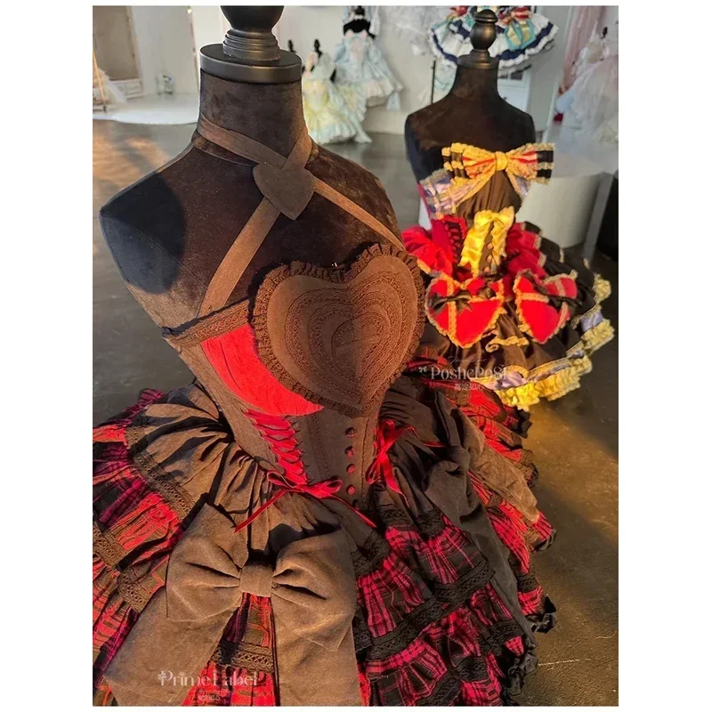 Vestido a cuadros rojo y negro de Lolita para Cosplay de alta calidad, vestido de princesa con cuello de lazo bonito y dulce para mujer, vestido de noche de fiesta ajustado gótico