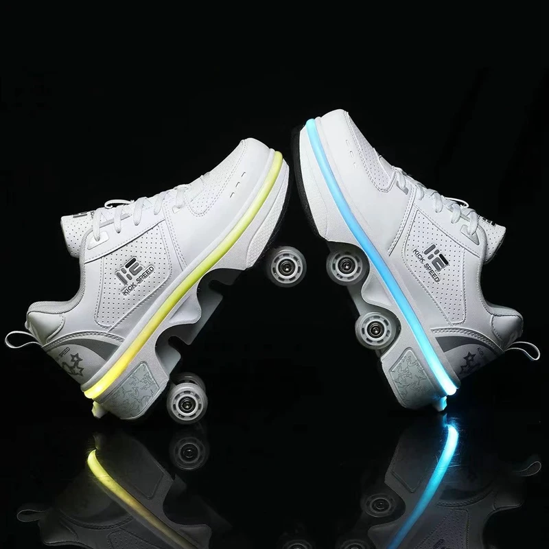 Four-Wheel Deformation Roller Skates Shoes Double-Row Parkour Sports Roller Shoes Girls Boys Roller Skates Unisex Kids Sneakers