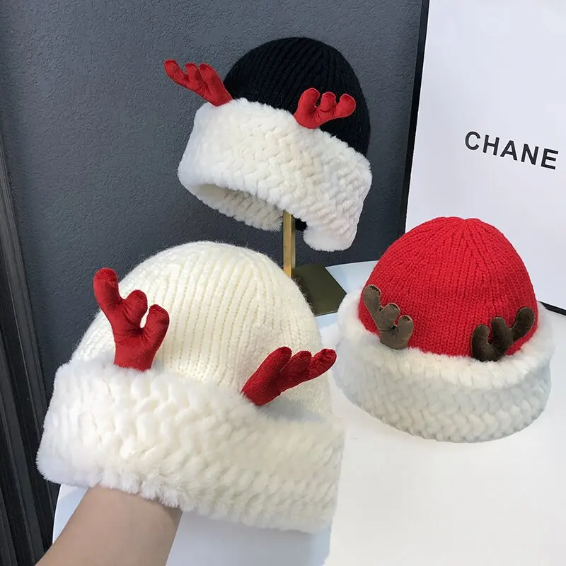 

New Trendy Christmas Hat For Women Autumn And Winter New Style Red Cute Antler Knitted Wool hat Windproof Ear Protection Hats