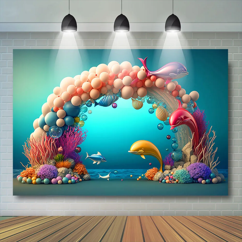 Mermaid Girl Birthday Background Kids Cake Smash Prop Under the Sea Blue Bubble Balloon Decor Photography Backdrop Photocall