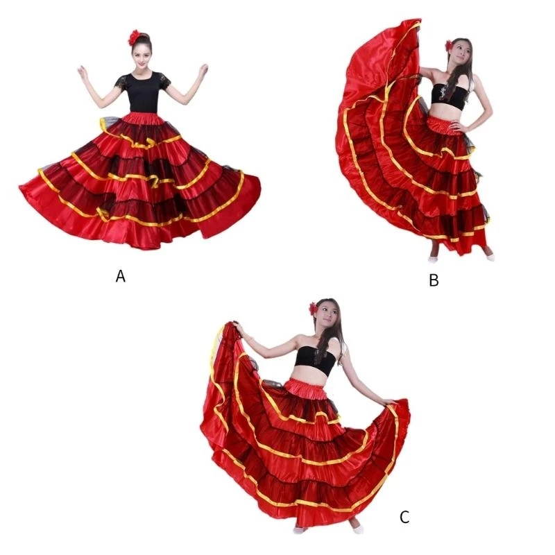 Mulheres elegantes saia de dança de flamenco em camadas saia longa espanhol touro dança saia de dança do ventre performances traje