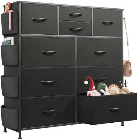 Dresser for Bedroom with 10 Drawers, Fabric Dresser Chest of Drawers with Side Pockets and Hooks, Sturdy Metal Frame