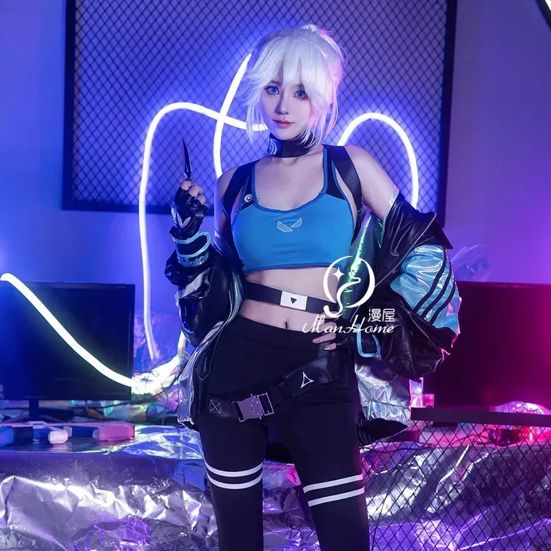 

Jett Girl Game VALORANT Косплей Cos Костюм Белый Парик Опора Униформа Хэллоуин Вечеринка Игра Женский Жилет Черное Пальто