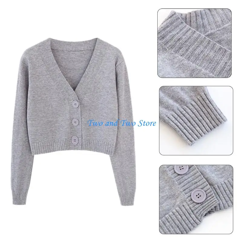 

HX6F Women Long Sleeve Sweater Cardigan Sexy V-Neck Button Down Cropped for Jacket Sweet Candy Color Loose Knitted Coat