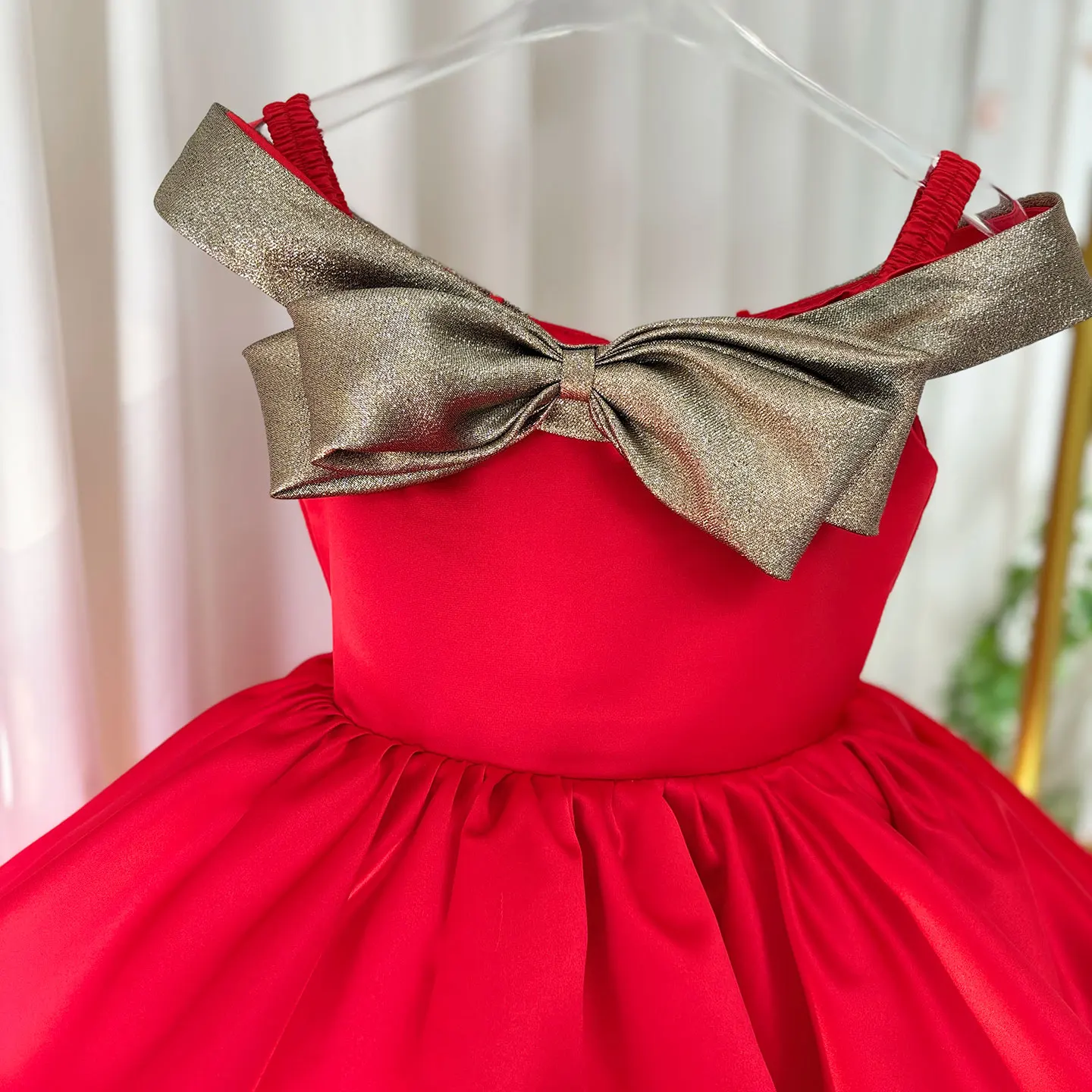 Jill Wish Christmas Off Shoulder Satin Girl Dress Knee Length with Bow Children Princess Birthday  Holiday Party Ball Gown  J284