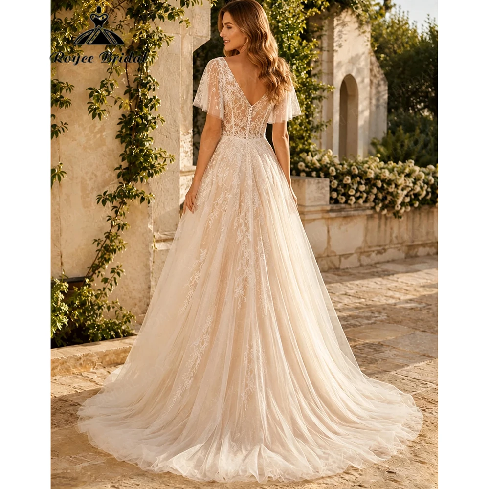 Boho Applique Deep V Neck Elegant A Line Wedding Dresses 2027 Flowers Lace Beach Bridal Gown Customized vestido de novia