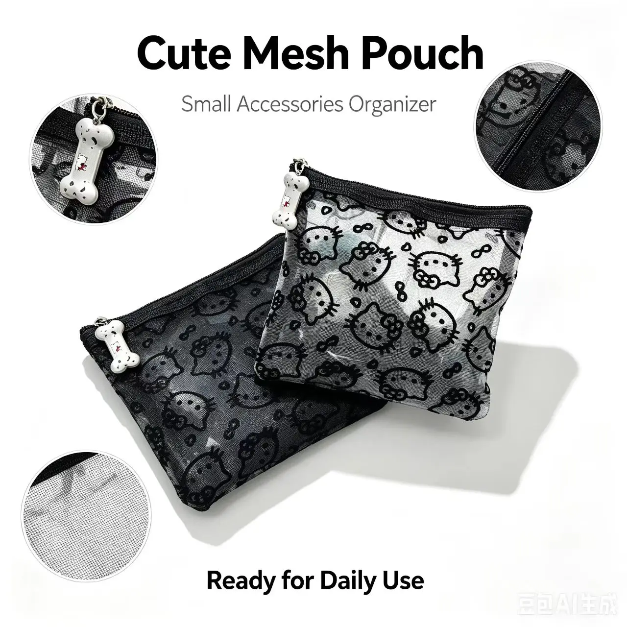Mesh Cosmetic Bag Transparent Zipper Pouch Cartoon Print Portable Mini Storage Bag Travel Makeup Organizer Small  Purse view 5