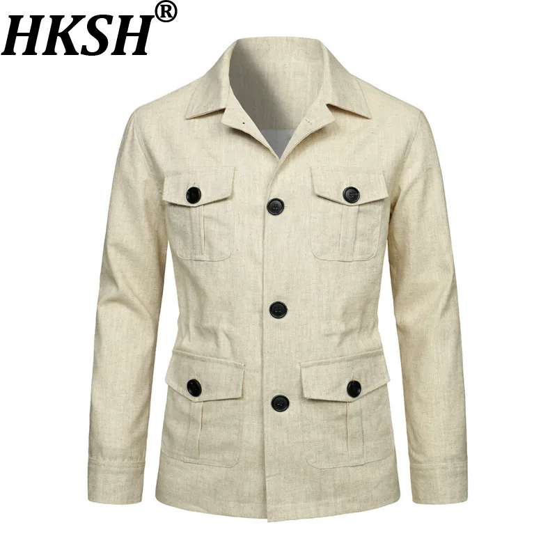 

HKSH весенне-осенняя новая мужская повседневная льняная куртка с отложным воротником и несколькими карманами, трендовая элегантная куртка на пуговицах, винтажное шикарное пальто HK13185