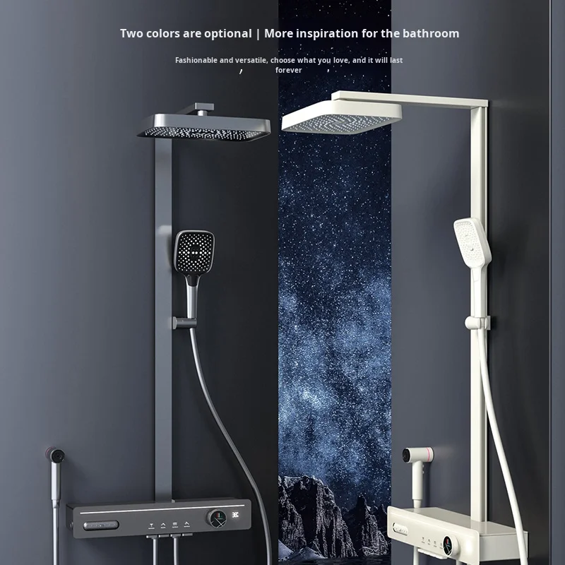 All-Copper High-End Home Hotel Use Shower Head Set Soft Pressurized Digital Display Gun Gray Storage Rack Polished Brass New