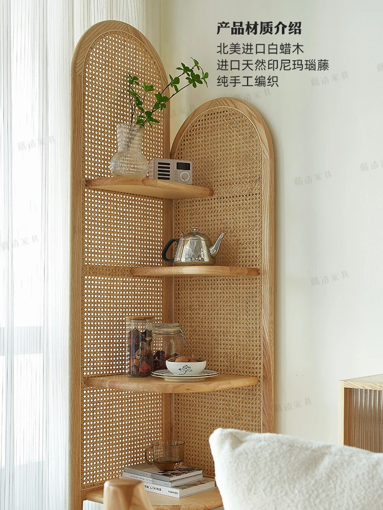 Solid wood rattan weaving shelves, corner bookshelf walls, corner terraces, living rooms, bedrooms, triangle storage