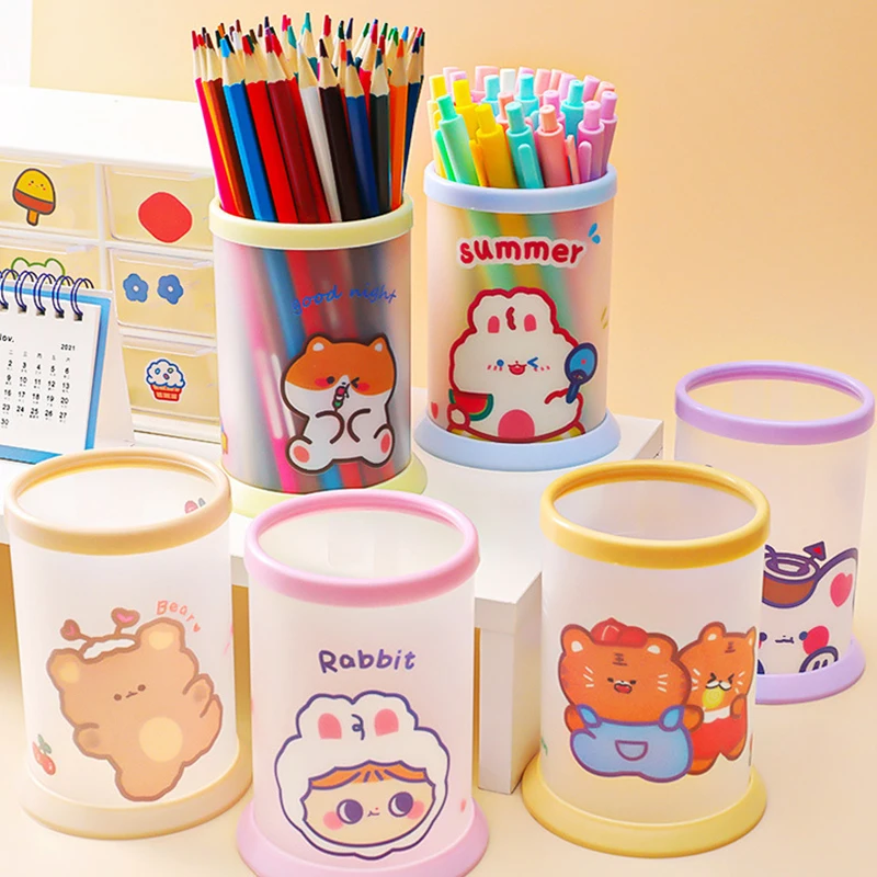 Round Pencil Holder Large Capacity Stationery Gifts Pen Storage Box Study Accessory Cartoon Pen Container Desk Organization