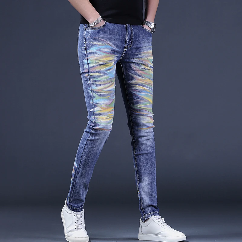 Multicolour Printed Blue Men\'s Jeans Casual Slim Fit Pencil Pants Korean Style Denim Trousers CP2228