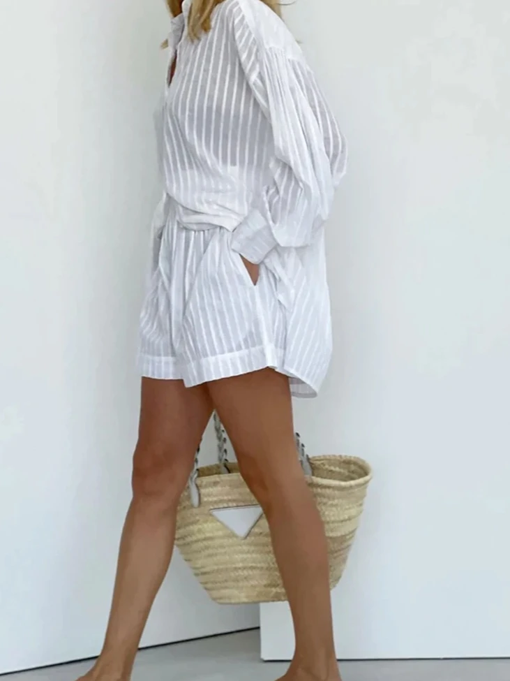 مجموعات السراويل غير رسمية مخطط الجاكار 2 قطعة مريحة التلبيب فانوس كم قميص الصيف الزي مرونة الخصر السراويل الدعاوى #3