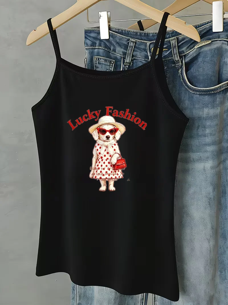 Women Tank Top Cute Fashion Puppy Dog In Polka‑dot Outfit Graphic Spaghetti Strap Camisole Summer Sleeveless Black White Vest