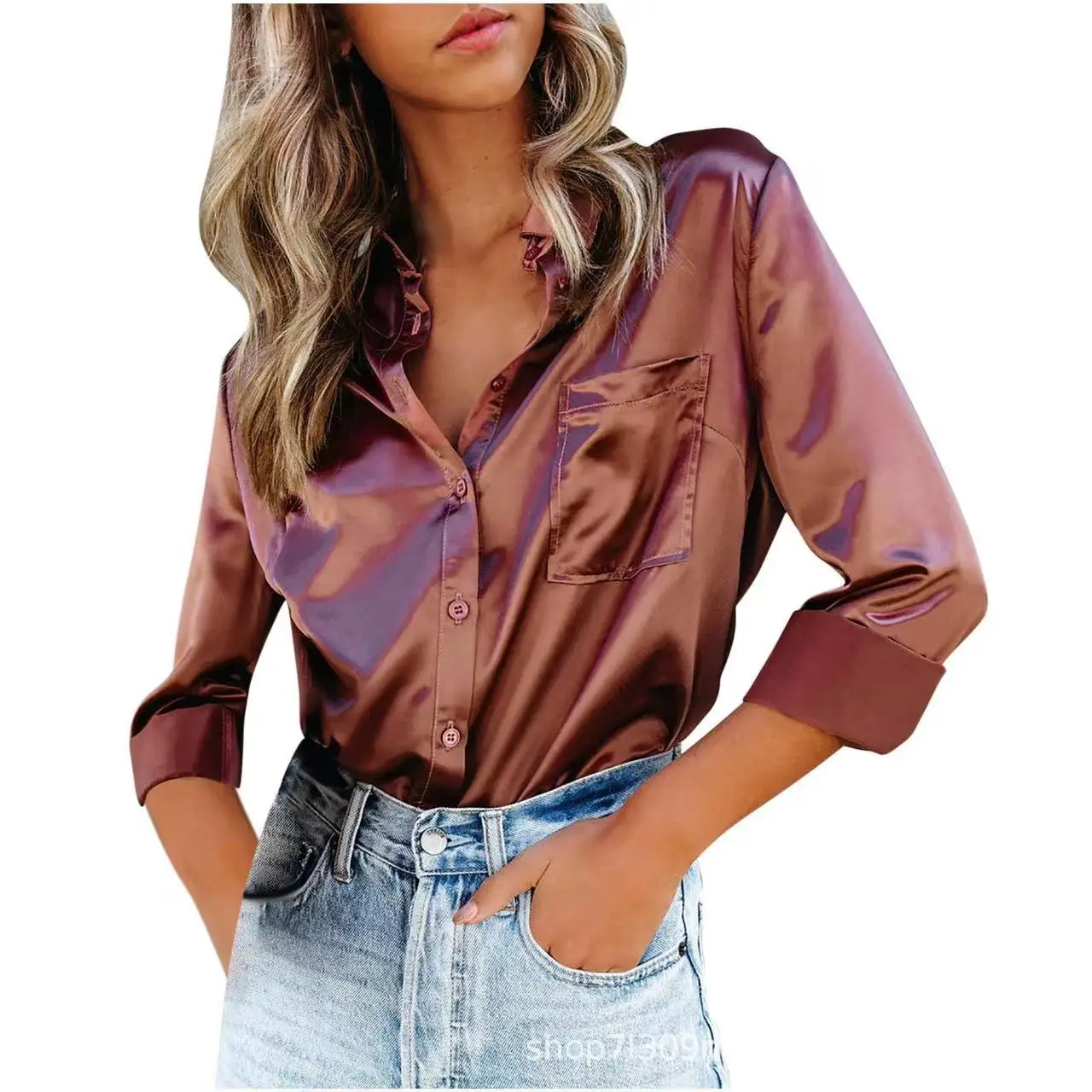 

Commuting fashionable and elegant pure-colored long-sleeved satin shirt, mid-length shirt with stand collar cardigan