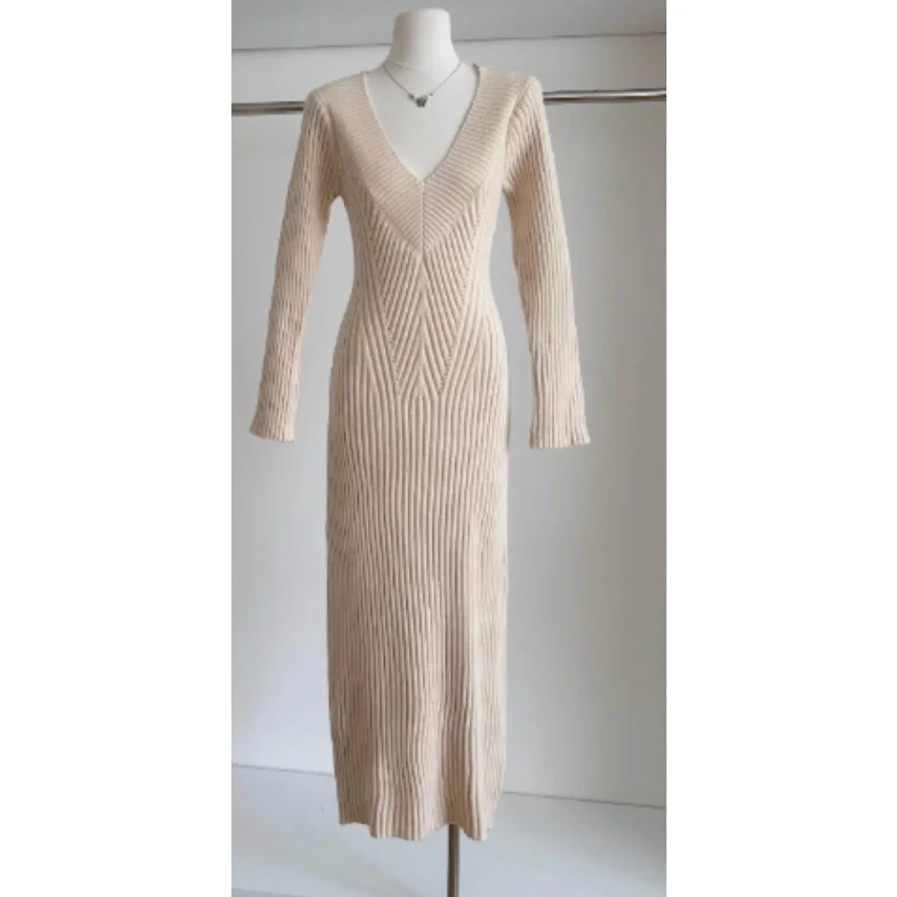 

Шикарное элегантное трикотажное платье с v-образным вырезом и длинными рукавами в полоску, элегантное корейское модное платье, женская одежда