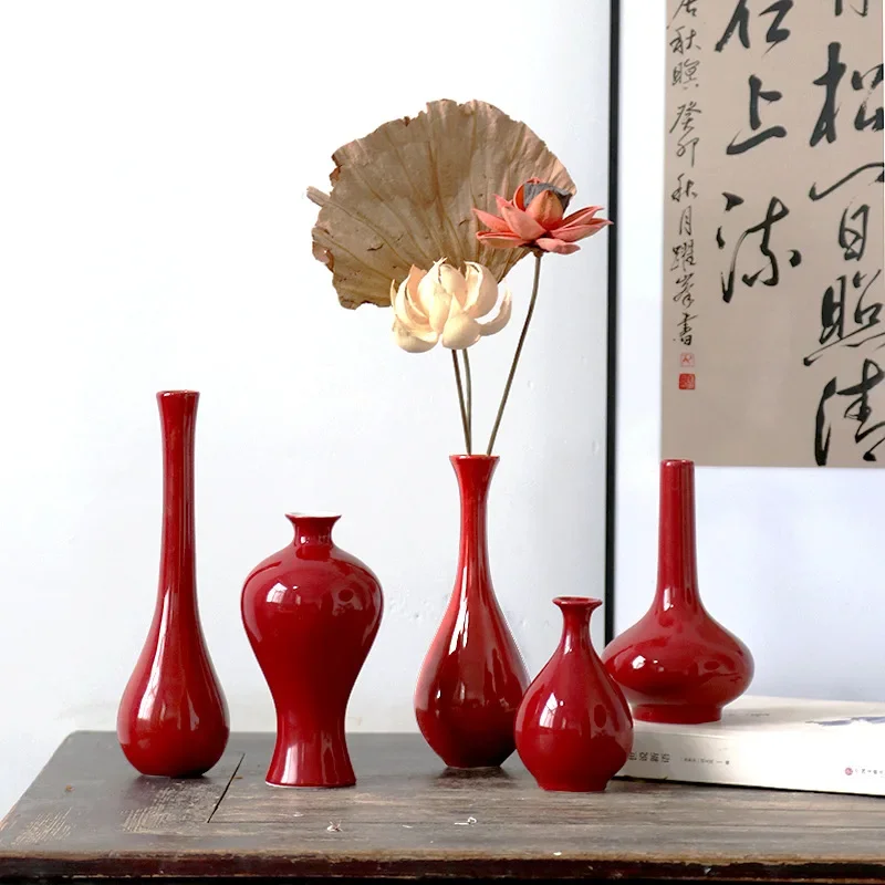 Red Ceramic Vintage Small Vase Festive Wedding Housewarming New Year Decor Elegant Home Ornament