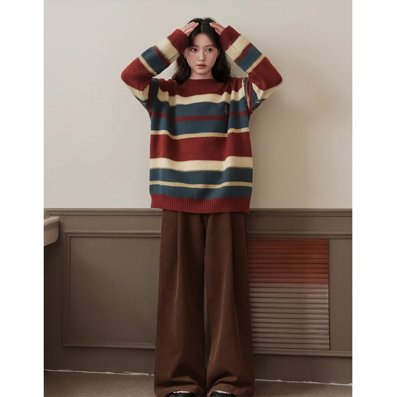 Retro Striped Color Blo Knitted Sweater And Wide Leg Pants Women's Faion Set Autumn 2025 Guest Camel Brand Two Piece Set