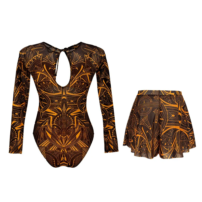 Femmes élégantes 2 pièces maillot de bain Vintage imprimé à manches longues body maillot de bain Mini jupes plage vacances tenues féminines vêtements