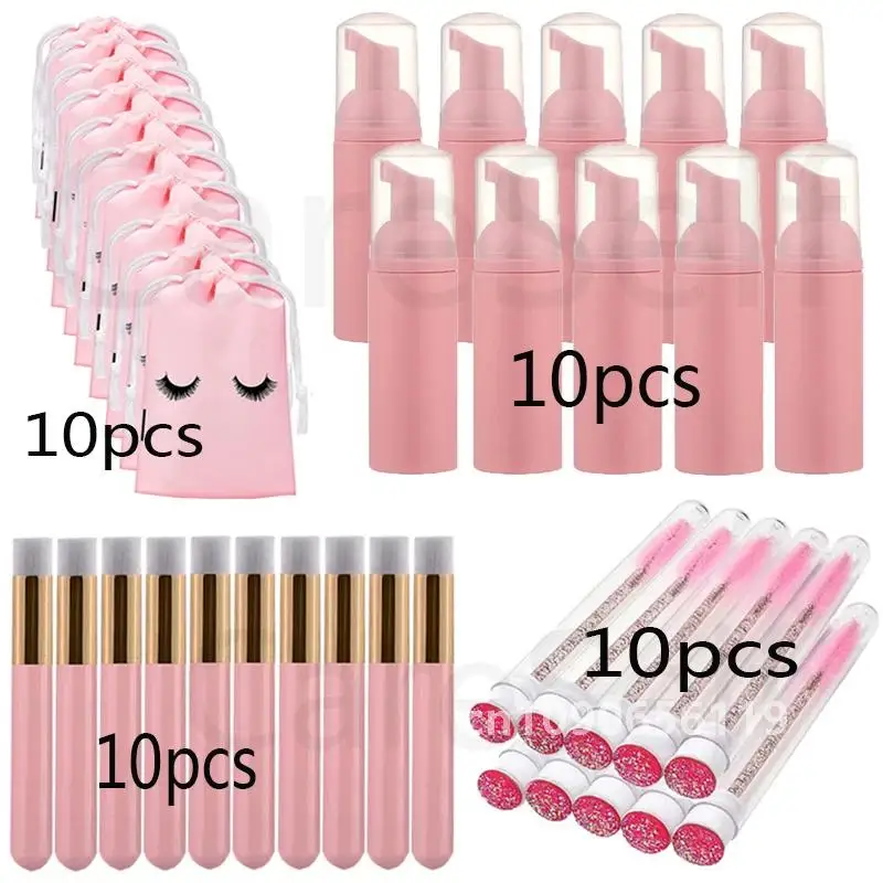 40 Stuks 60 Ml Wimper Lege Zeep Schuim Fles Verwijderen Mee-eter Neusreiniger Mascara Borstel Roze Opbergtas