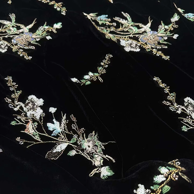 Sequins Embroidered Plants Warm Velour Silk Fabric for Autumn Dress Jacket Elegant Black Velvet Fabric for DIY Sewing R7167