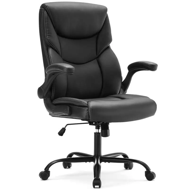 

Leather Office Chair - Ergonomic Executive Computer Desk Chairs with Adjustable Flip-up Armrest, Swivel Task Chair with Lumbar