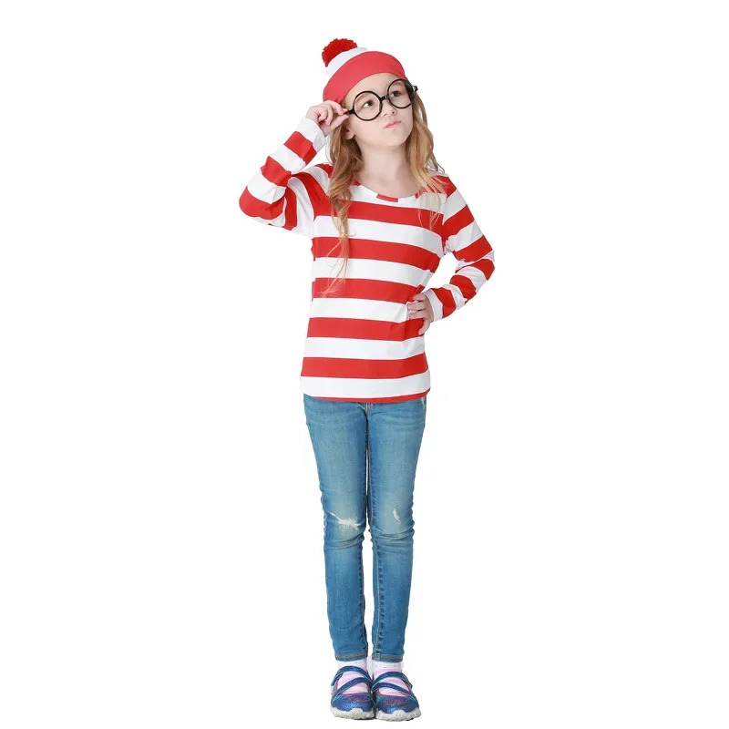 Ouder-kind Halloween Wheres Wally-kostuum Cosplay Kerstmis Gestreept T-shirt Hoed Bril Sokken Pak voor kinderen Volwassen