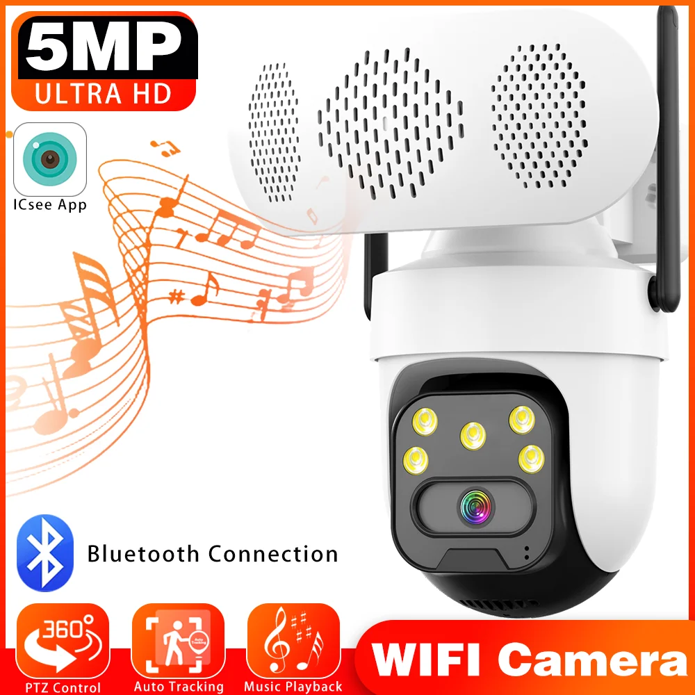 

5-мегапиксельная беспроводная система видеонаблюдения, Bluetooth, громкий динамик, музыкальный плеер, PTZ-камера, уличная камера с автоматическим отслеживанием, поддержка TF-карты 256G, IP-камера безопасности