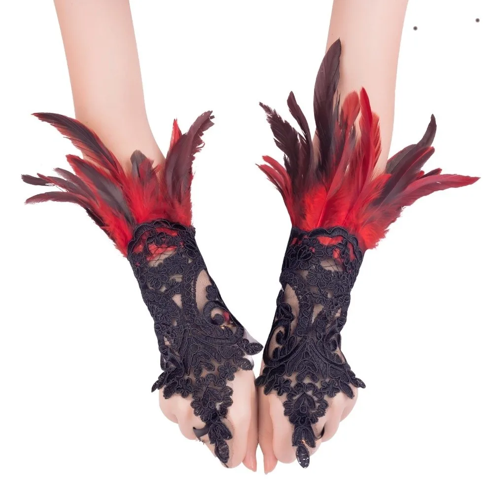 Wristband Halloween Feather Gloves Retro Gothic Feather Lace Glove Dark Embroidery Women Halloween Cuffs Wrist Accessories