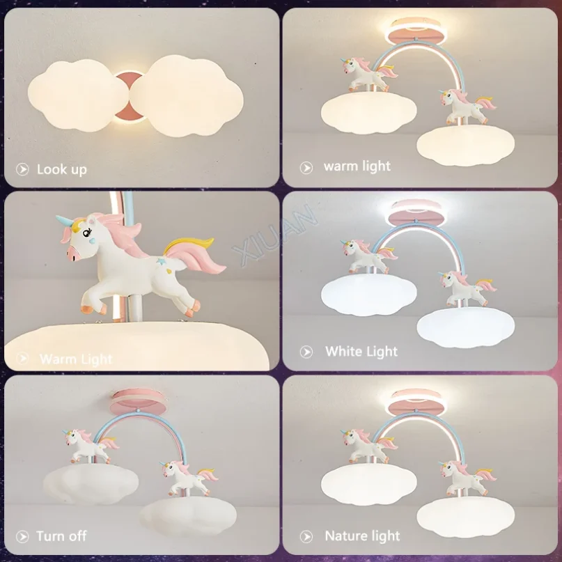 Cartoon Unicorn Light Children\'s Room Ceiling Lamp with Remote Control Cloud Princess Room Pink Chandelier Light Full Spectrum