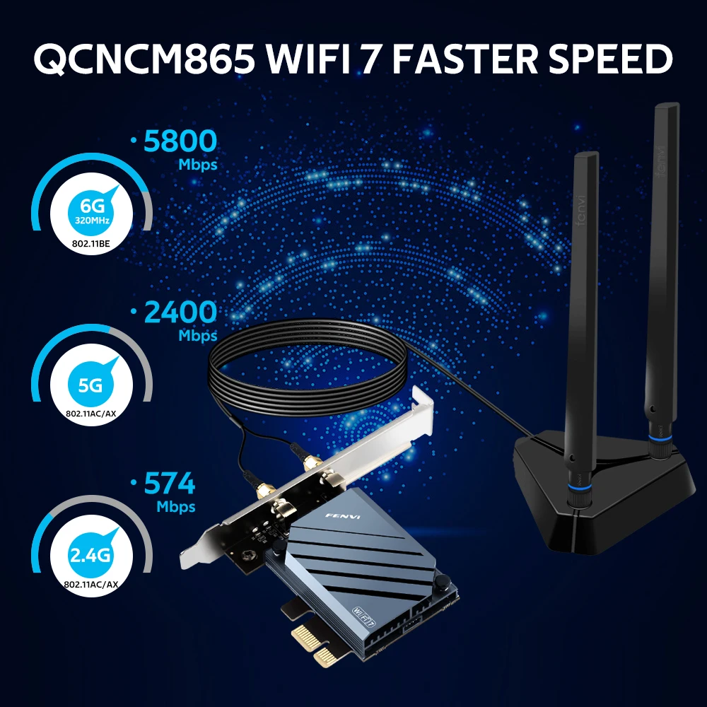 FENVI WiFi7 QCNCM865 PCIE WiFi adaptador BT5.3 2,4G/5G/6GHz FV-BE8800Pro hasta 5,8 Gbps para tarjeta de red inalámbrica Qualcomm Win11