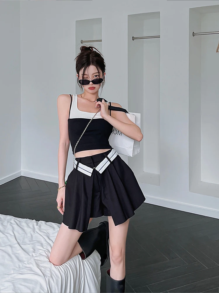 

Sweet Cool Sle Summer Faion Set Women's A-Square Ne High Waist ort Skirt Pants Hot Girl Two-Piece Suit Korean Version