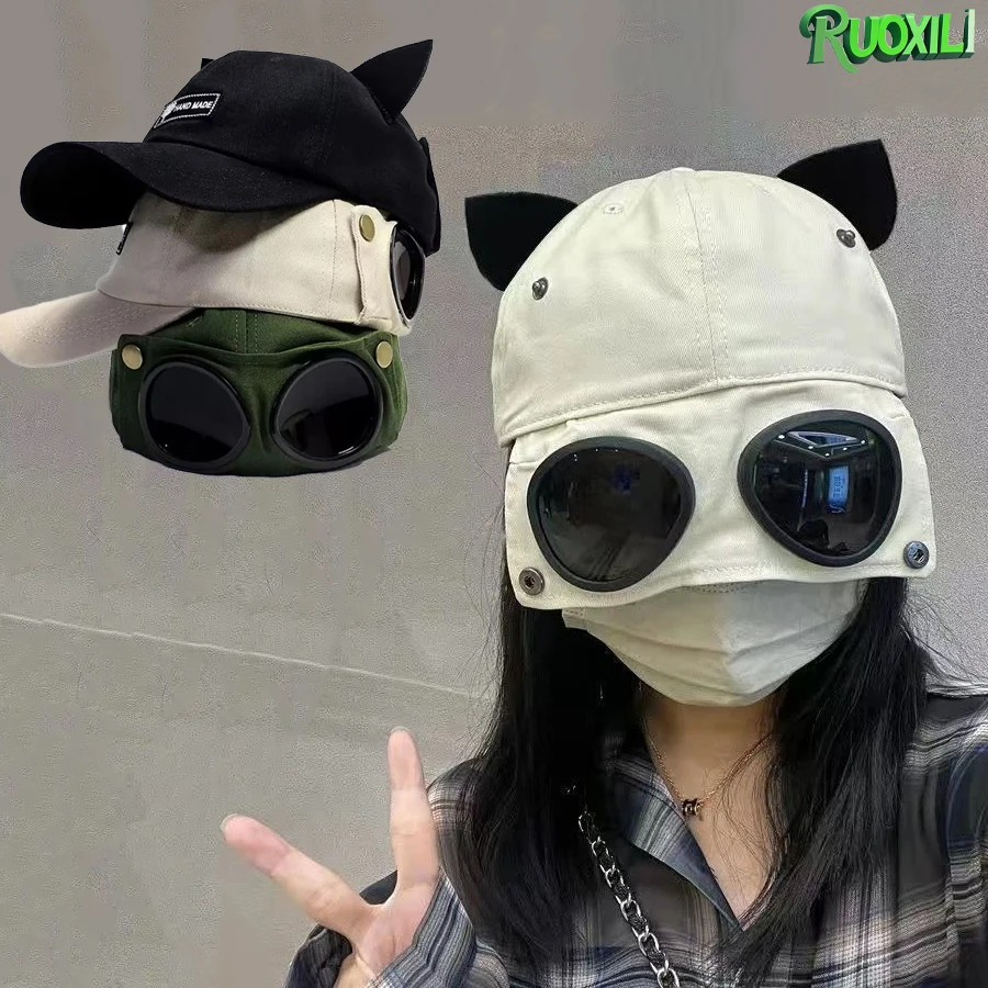 Fashion Cat Ear Baseball Hat Built‑in Pilot Sunglasses Snapback Cap Street Trendy Sun Hat Casual for Men Women Summer Outdoor