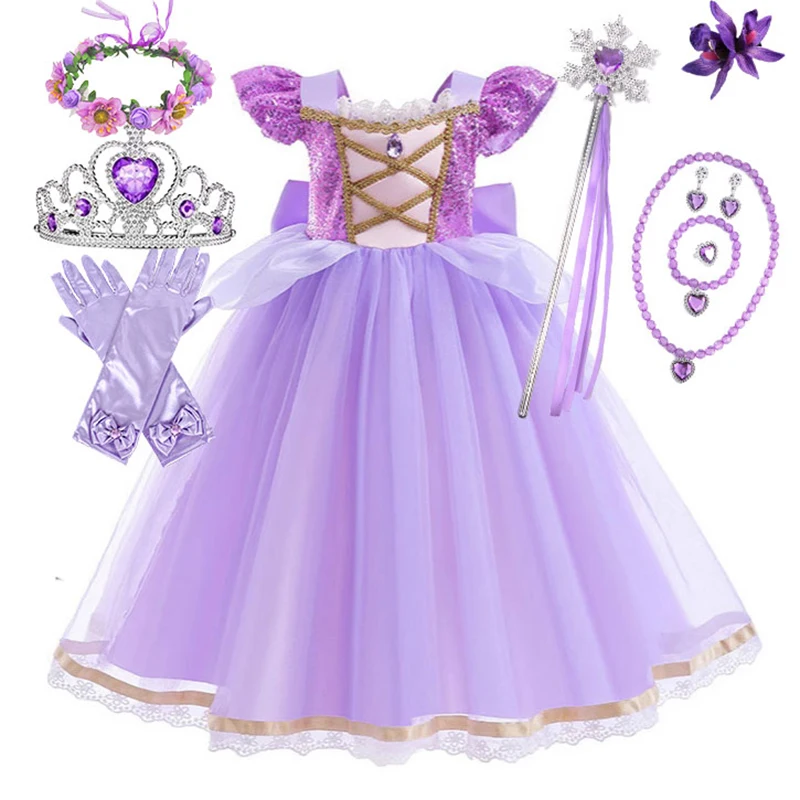 Tangled Animation Movie Princess Costume Play Dress up Sequined Frock Puffy Fancy Birthday Rapunzel Party Ball Gown Purim Outfit