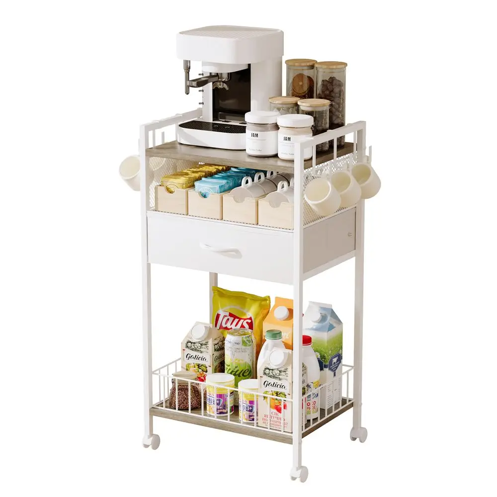 

Белая тележка-бар для кофе с выдвижными ящиками для хранения, офисная кофейная станция, подставка для кружек и чашек, 3-ярусный кофейный столик для домашних фуршетов