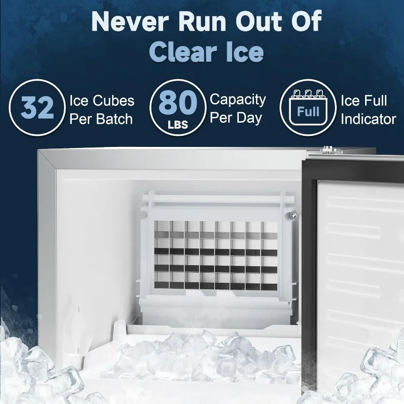 Under Counter Ice Maker Machine, Stainless Steel Built-in Freestanding Ice Maker for Commercial & Home Use, 80 Lbs/Day