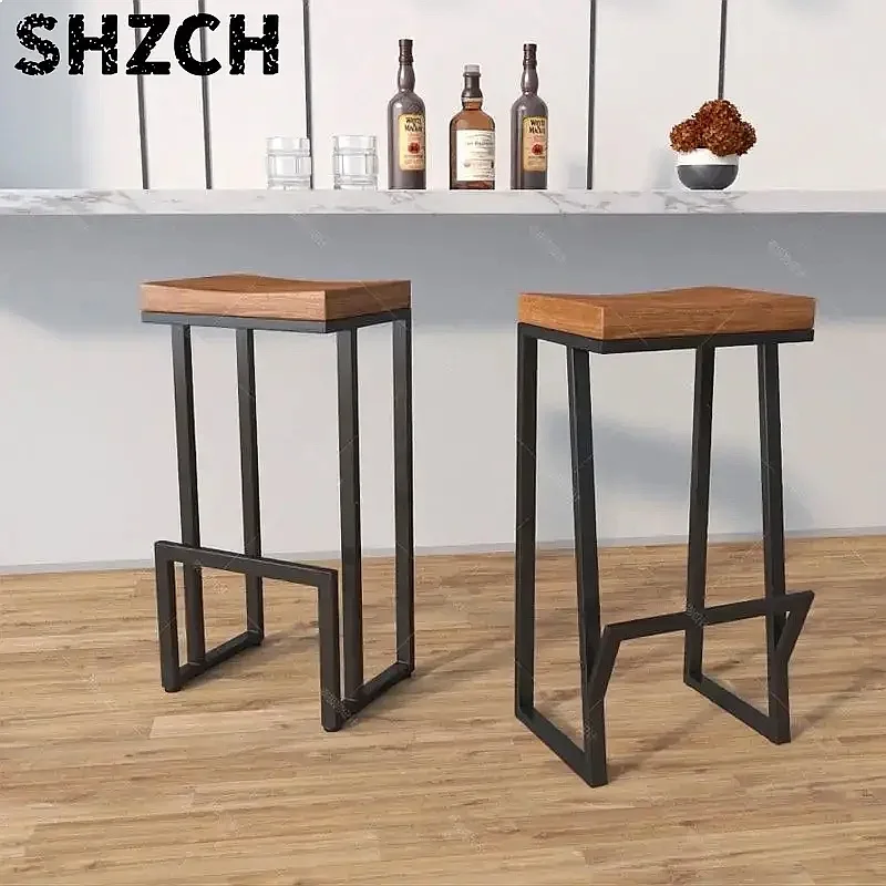 錬鉄製無垢材バーチェアセット-シンプルな鉄製コーヒーハイスツール-レストランダイニングカウンタースツール