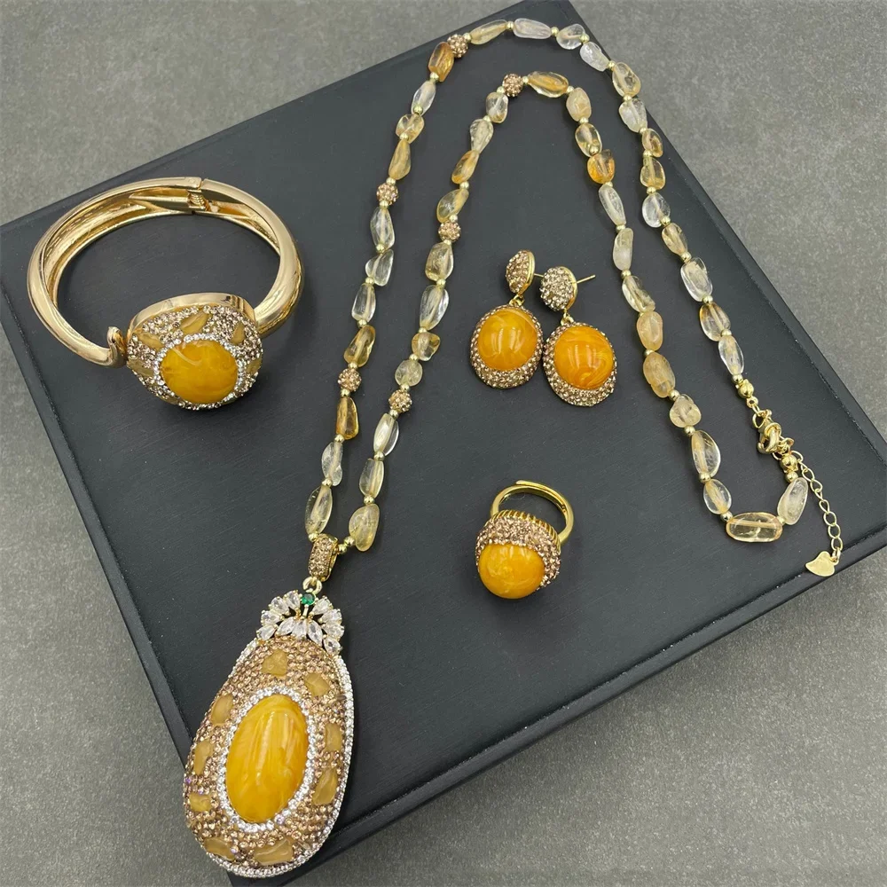 4 IN 1 Second Gemeration Amber Beeswax Natural Yellow Crystal Citrine Necklace Earrings Sets for Women Mother's Day Gift