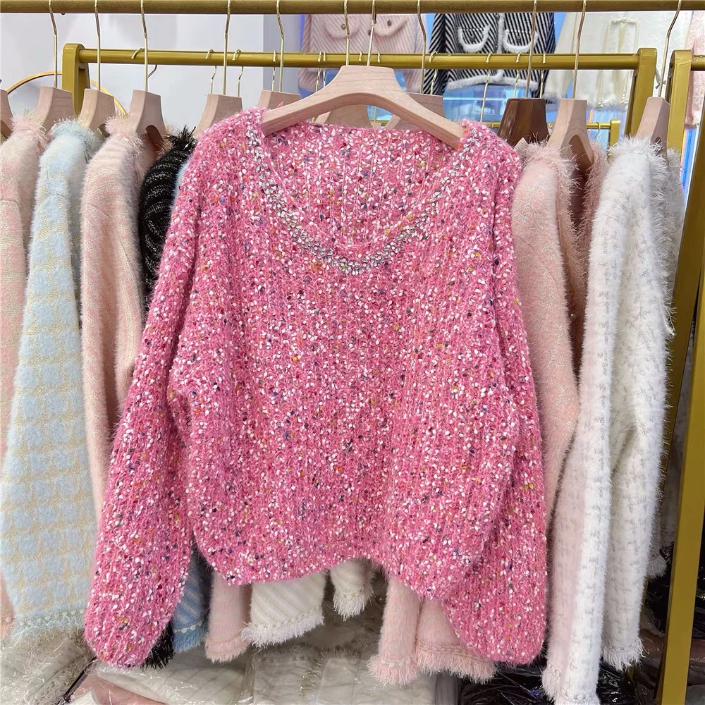 سترة نسائية تريكو ناعمة طويلة منقطة مرقعة كورية Sle V-Ne سترة عصرية كسول موضة خريف وشتاء...