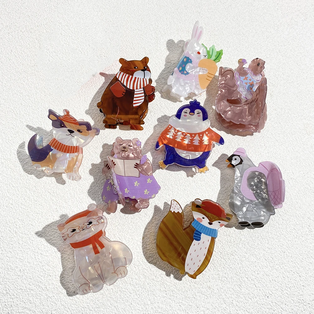 

Trendy Cartoon Animal Acrylic Hair Claw Clip For Women Personality Dog Cat Penguin Non-slip Ponytail Hair Accessories Christmas
