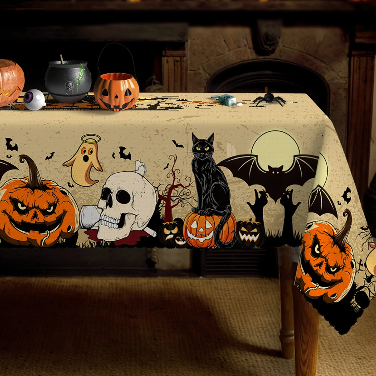 One Halloween tablecloth, a black cat pumpkin vintage tablecloth, featuring moon, skull, and bat, for Halloween decorationzyc