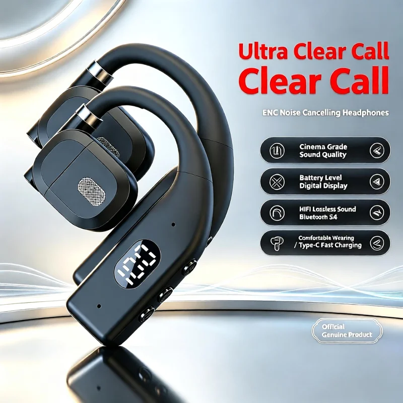 Echte Kabellose Bluetooth 5.4 Kopfhörer Lange Standby-Zeit Wasserdichtes Mono-Headset HiFi-Stereo Geräuschunterdrückung mit Mikrofon Ohrbügel-Design