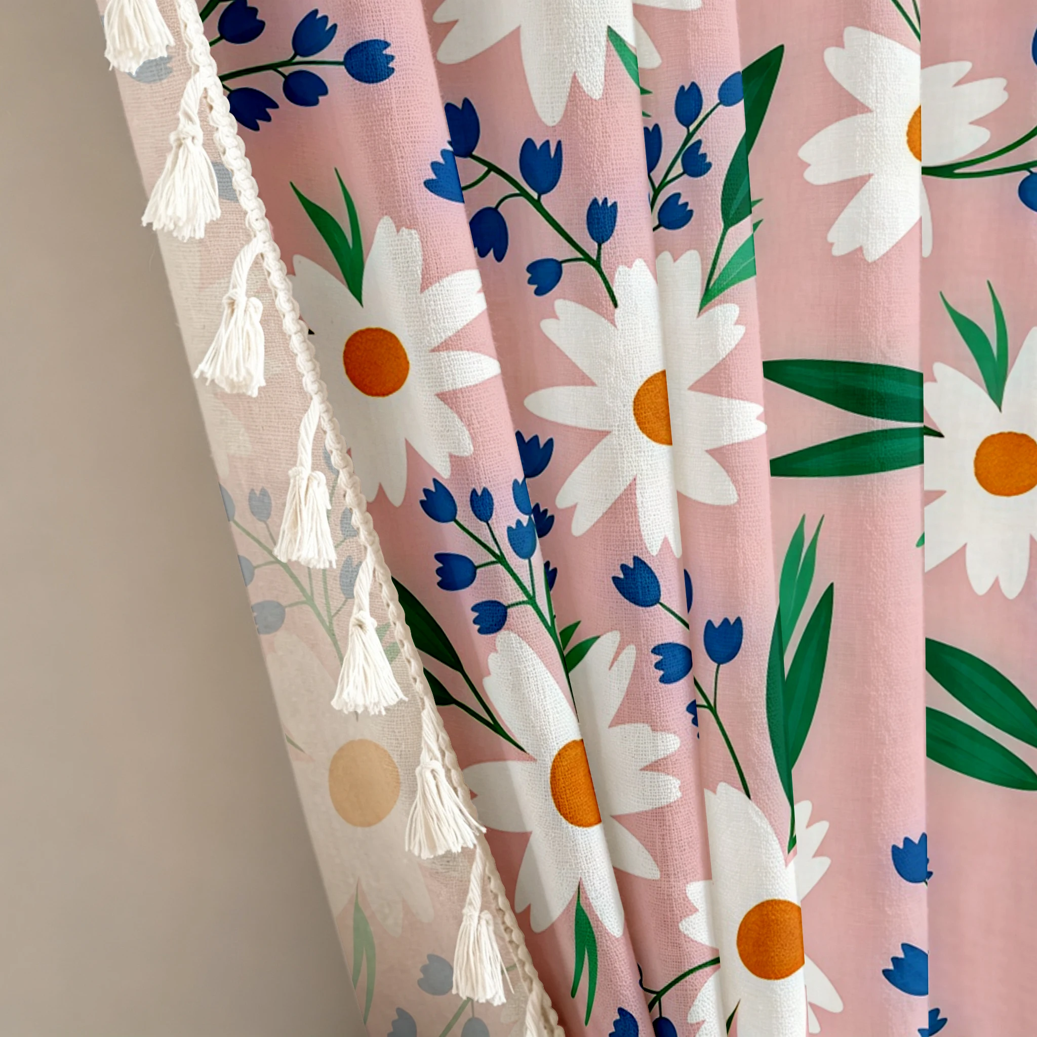 1PC Cartoon Tassel Sheer Curtains, Pink Daisy Blue Berry, Digital Print, Linen Polyester, Bedroom Living Room, Home Decor