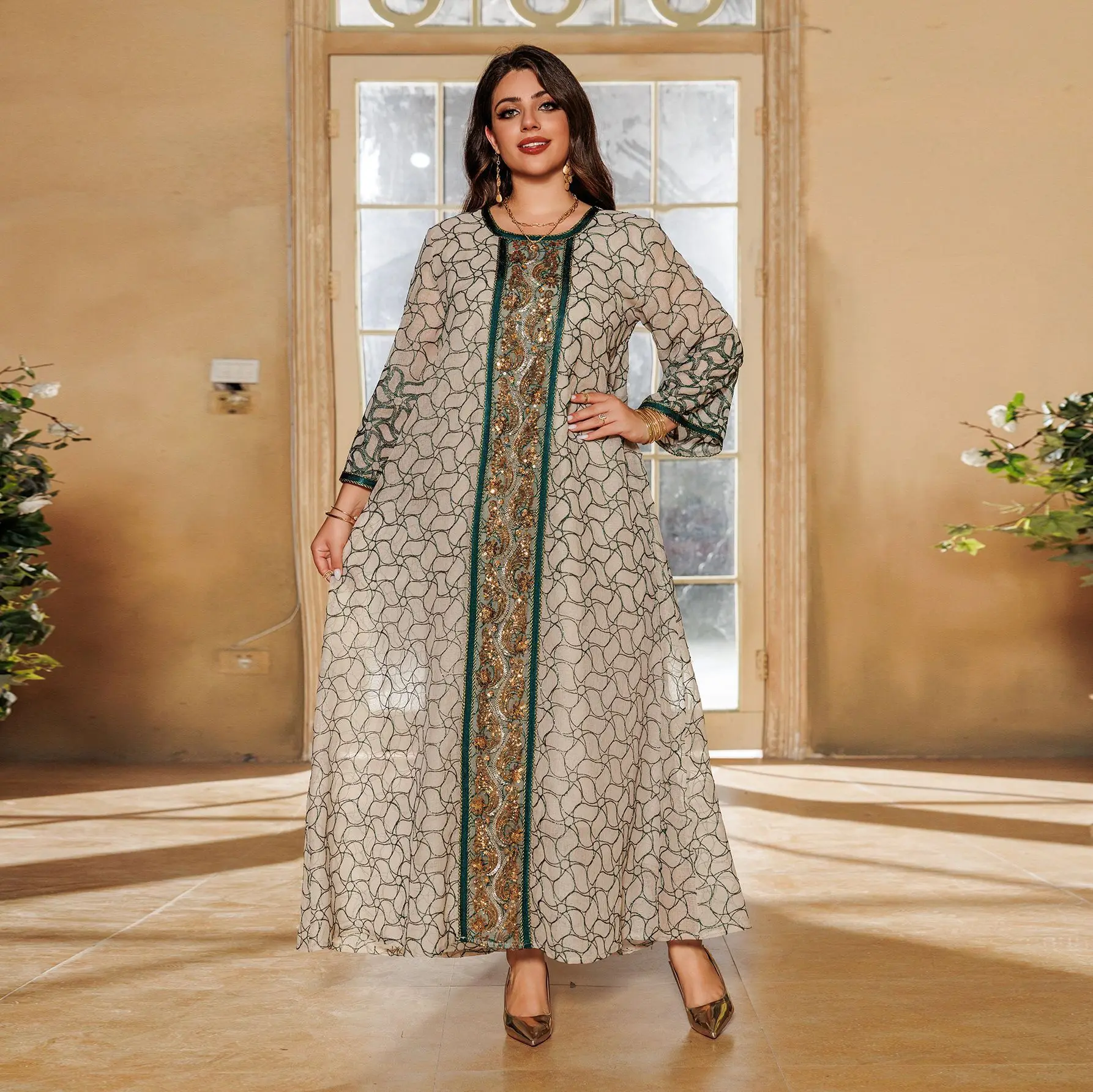 2024 Muslim Bead Embroidered Fashion Mesh Embroidered Dress Jalabiya Robe Dubai Robe