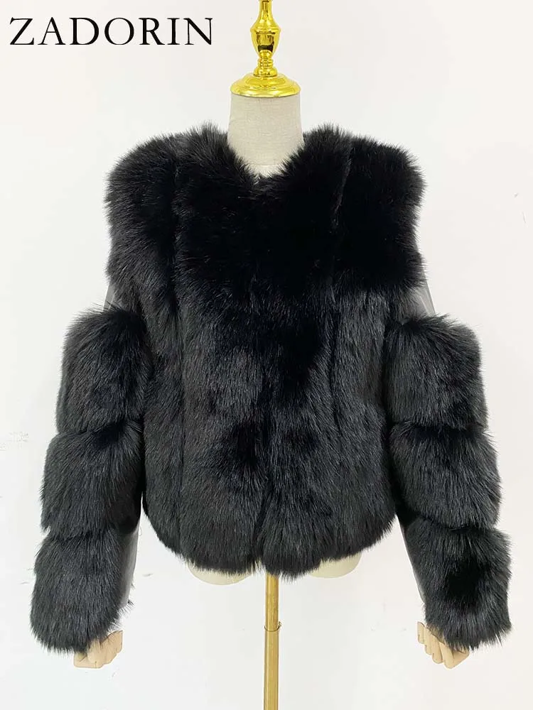 ZADORIN Europe Fashion Fur Jackets for Women Elegant Fluffy Black Faux Fox Fur Coat Women Splicing Faux Fur Jacket Winter Coats