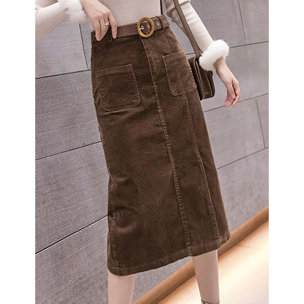 

Corduroy Skirts For Women New Spring Autumn High Waist Slim Straight Mid Long Wrapped Hip Split Sexy One Step Skirts Black Brown