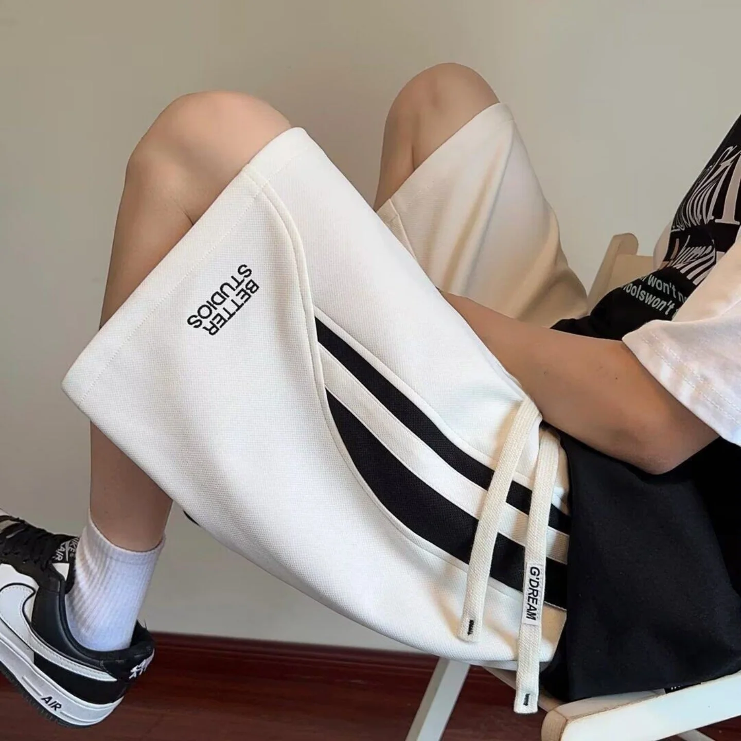 

Qui Dry Thin Baskeall Sports orts Men Summer Trendy Patchwork Loose Wide Leg Casual Five-Quarter Pants Breathable