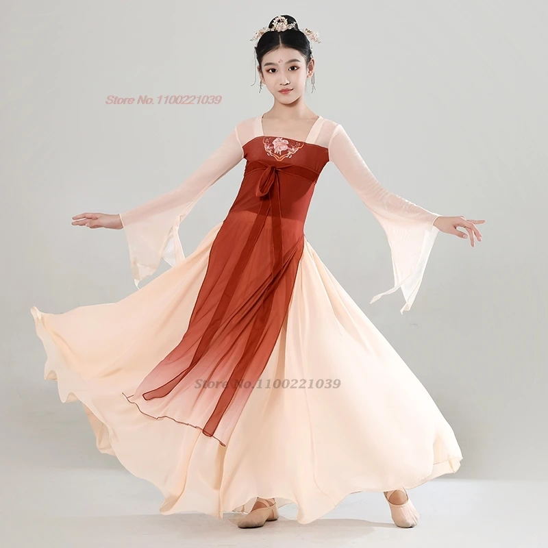 Traje de baile vintage para niños chinos 2025, tops hanfu de malla con estampado de flores tradicionales + conjunto de falda, vestido de baile puesta en escena